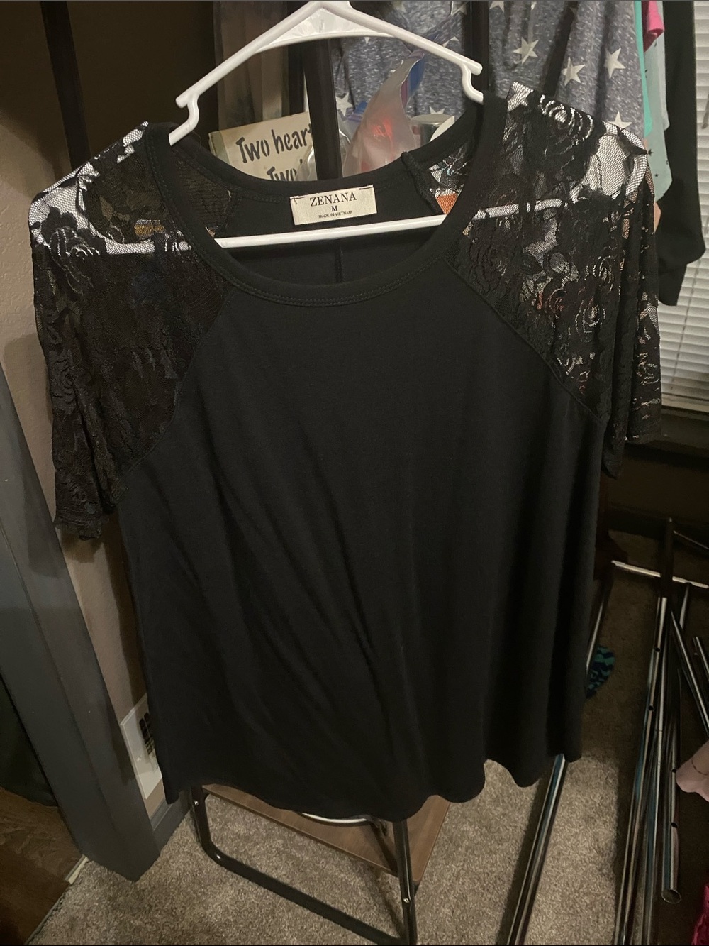 Zenana Outfitters Black Lace Sleeve Short Sleeve Top